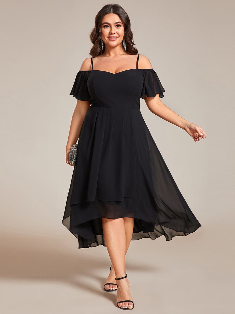 Plus Size One-Shoulder High-Low Chiffon Wedding Guest Dresses with Short Sleeves #color_Black