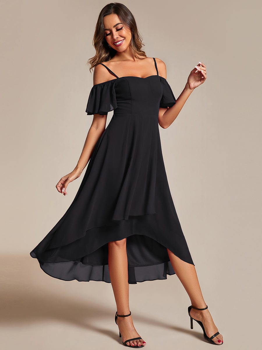 One-Shoulder High-Low Chiffon Wedding Guest Dresses with Short Sleeves #color_Black