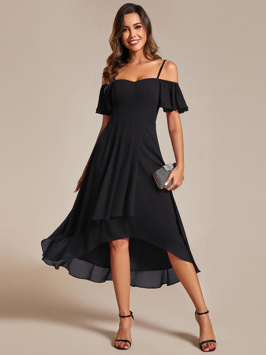 One-Shoulder High-Low Chiffon Wedding Guest Dresses with Short Sleeves #color_Black