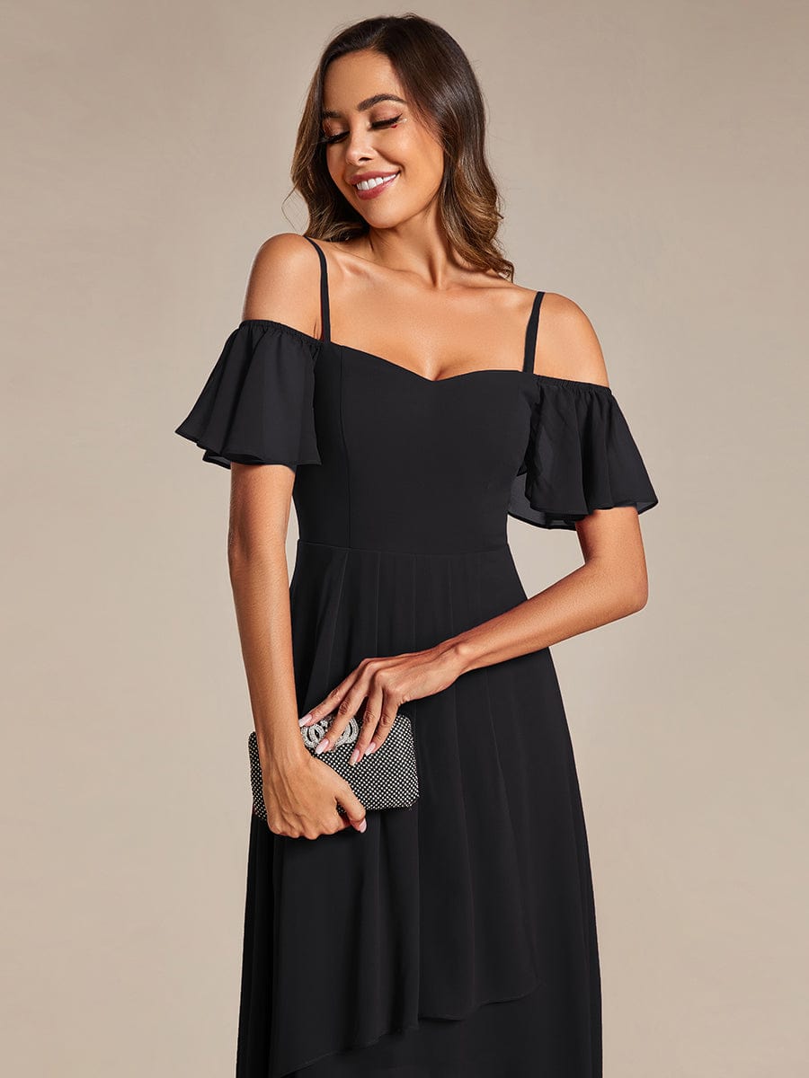 One-Shoulder High-Low Chiffon Wedding Guest Dresses with Short Sleeves #color_Black