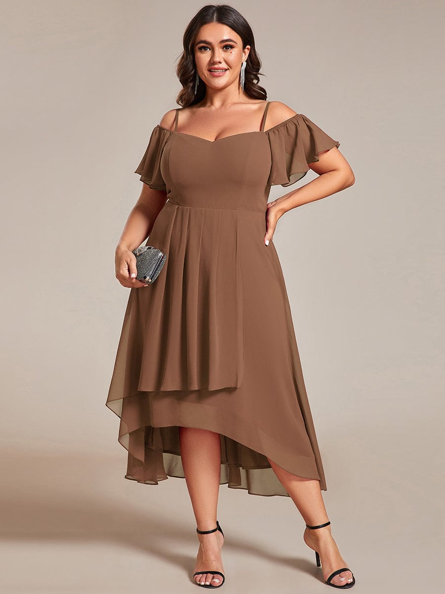 One-Shoulder High-Low Chiffon Wedding Guest Dresses with Short Sleeves #color_Brown