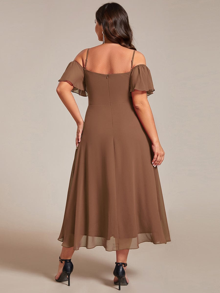 One-Shoulder High-Low Chiffon Wedding Guest Dresses with Short Sleeves #color_Brown