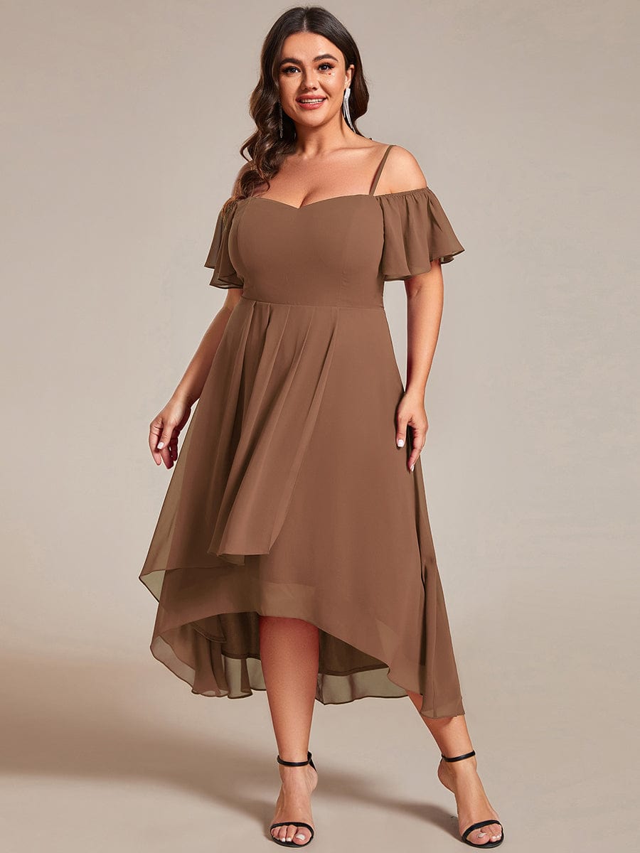 One-Shoulder High-Low Chiffon Wedding Guest Dresses with Short Sleeves #color_Brown