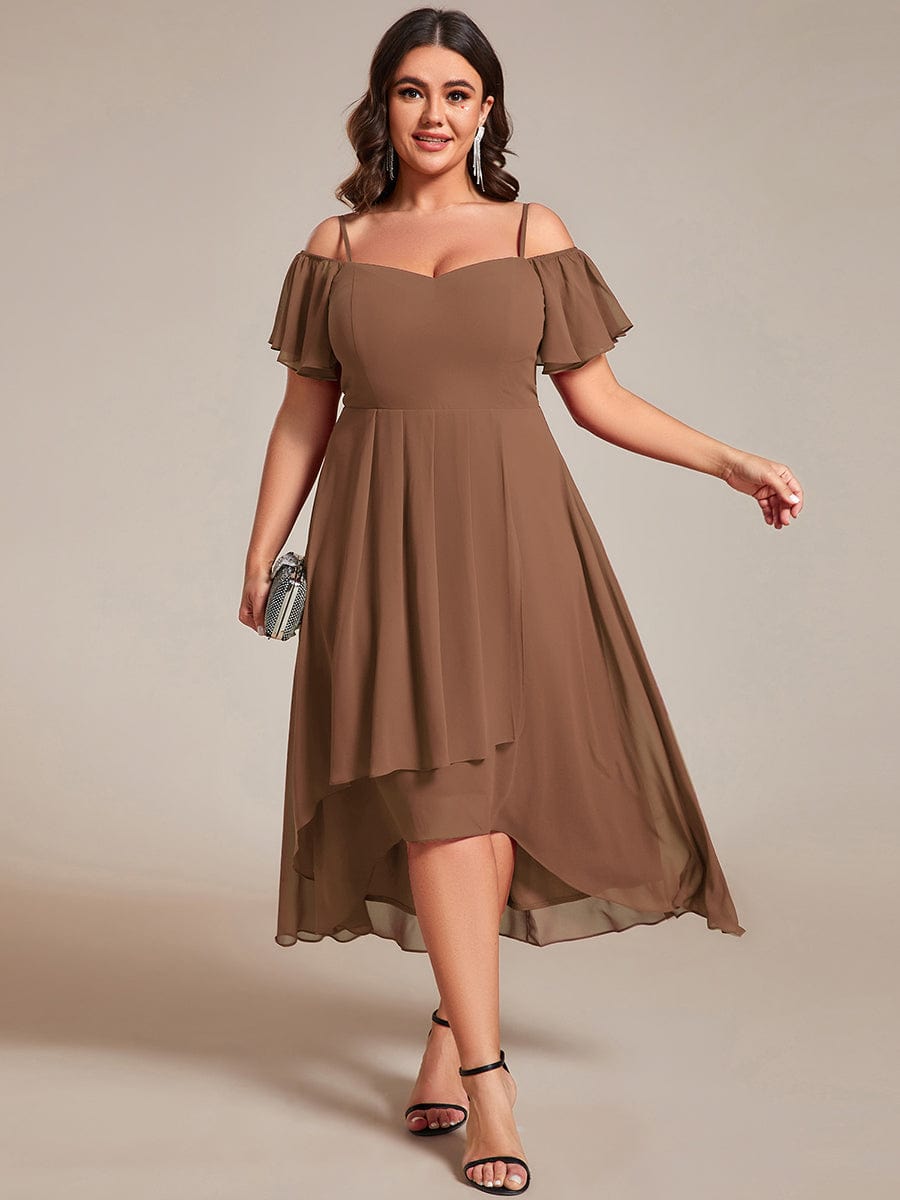 One-Shoulder High-Low Chiffon Wedding Guest Dresses with Short Sleeves #color_Brown