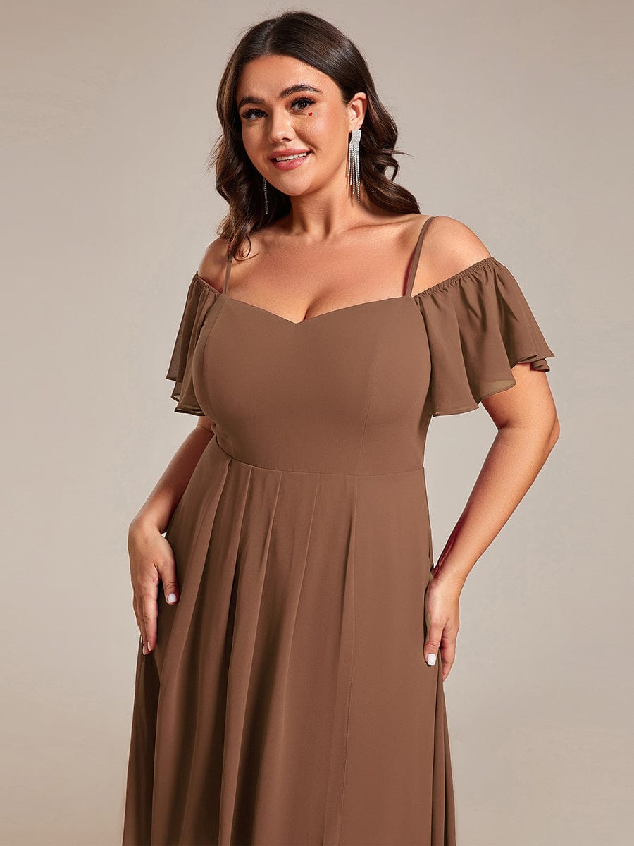 One-Shoulder High-Low Chiffon Wedding Guest Dresses with Short Sleeves #color_Brown