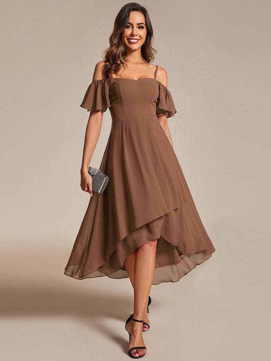 One-Shoulder High-Low Chiffon Wedding Guest Dresses with Short Sleeves #color_Brown