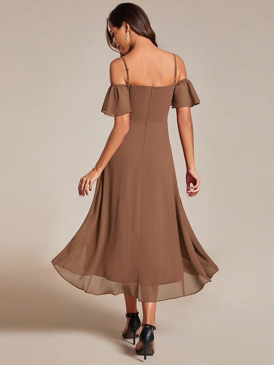 One-Shoulder High-Low Chiffon Wedding Guest Dresses with Short Sleeves #color_Brown