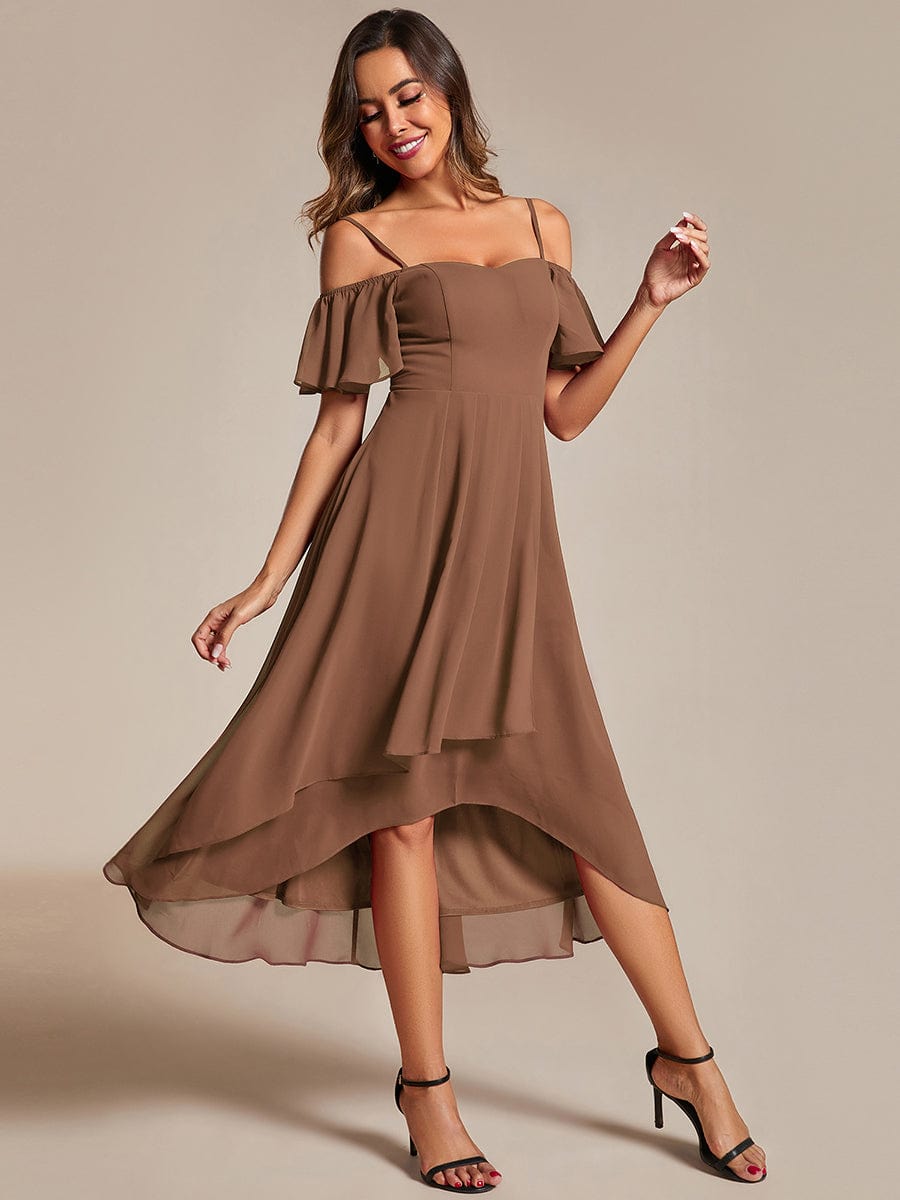 One-Shoulder High-Low Chiffon Wedding Guest Dresses with Short Sleeves #color_Brown