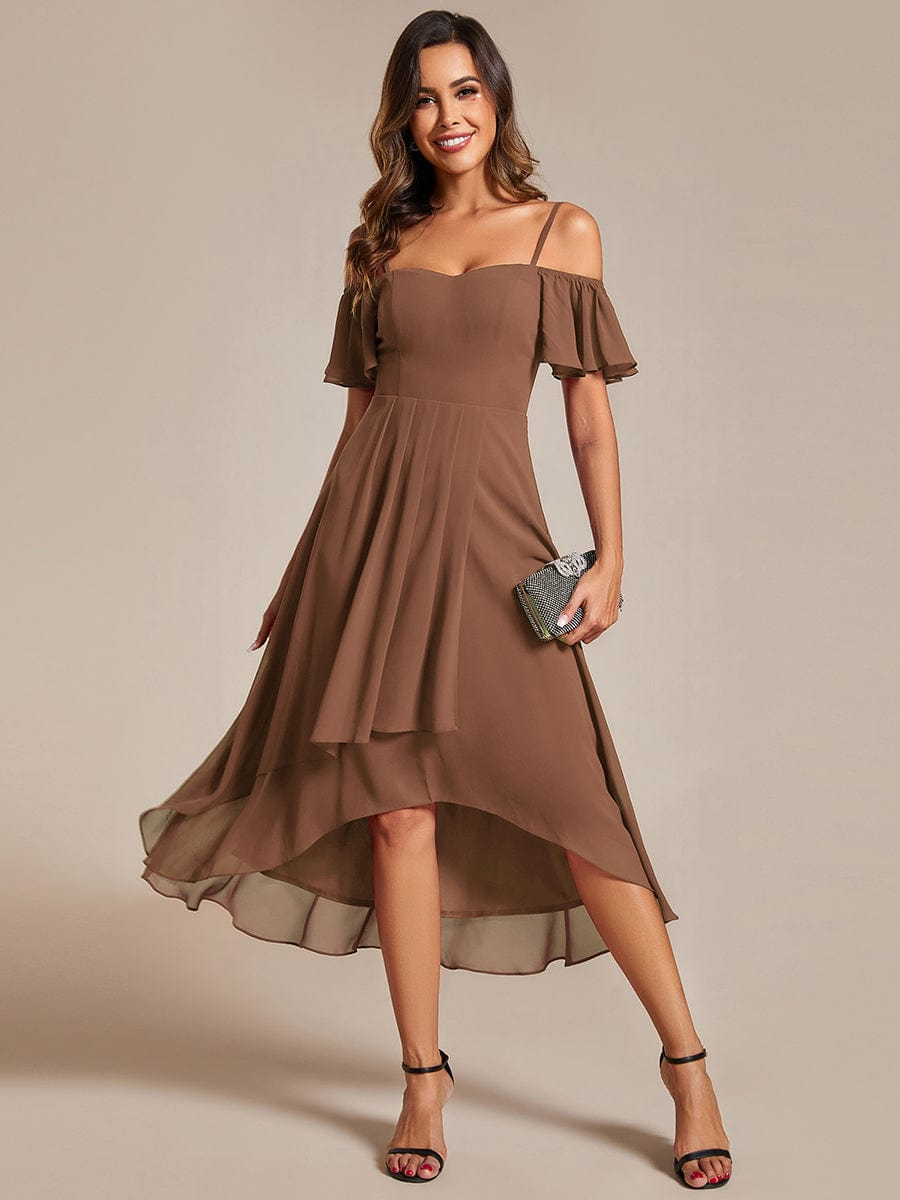 One-Shoulder High-Low Chiffon Wedding Guest Dresses with Short Sleeves #color_Brown