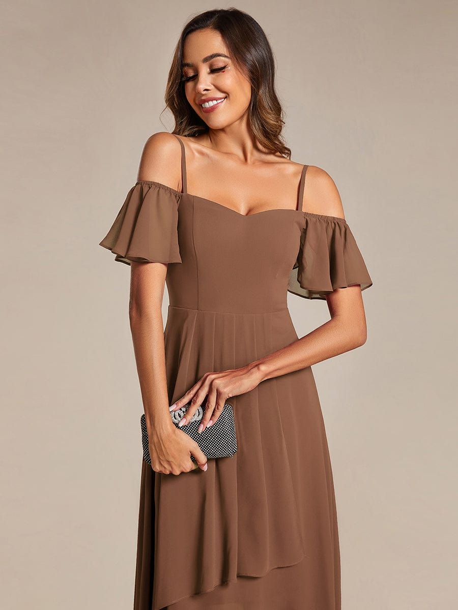 One-Shoulder High-Low Chiffon Wedding Guest Dresses with Short Sleeves #color_Brown