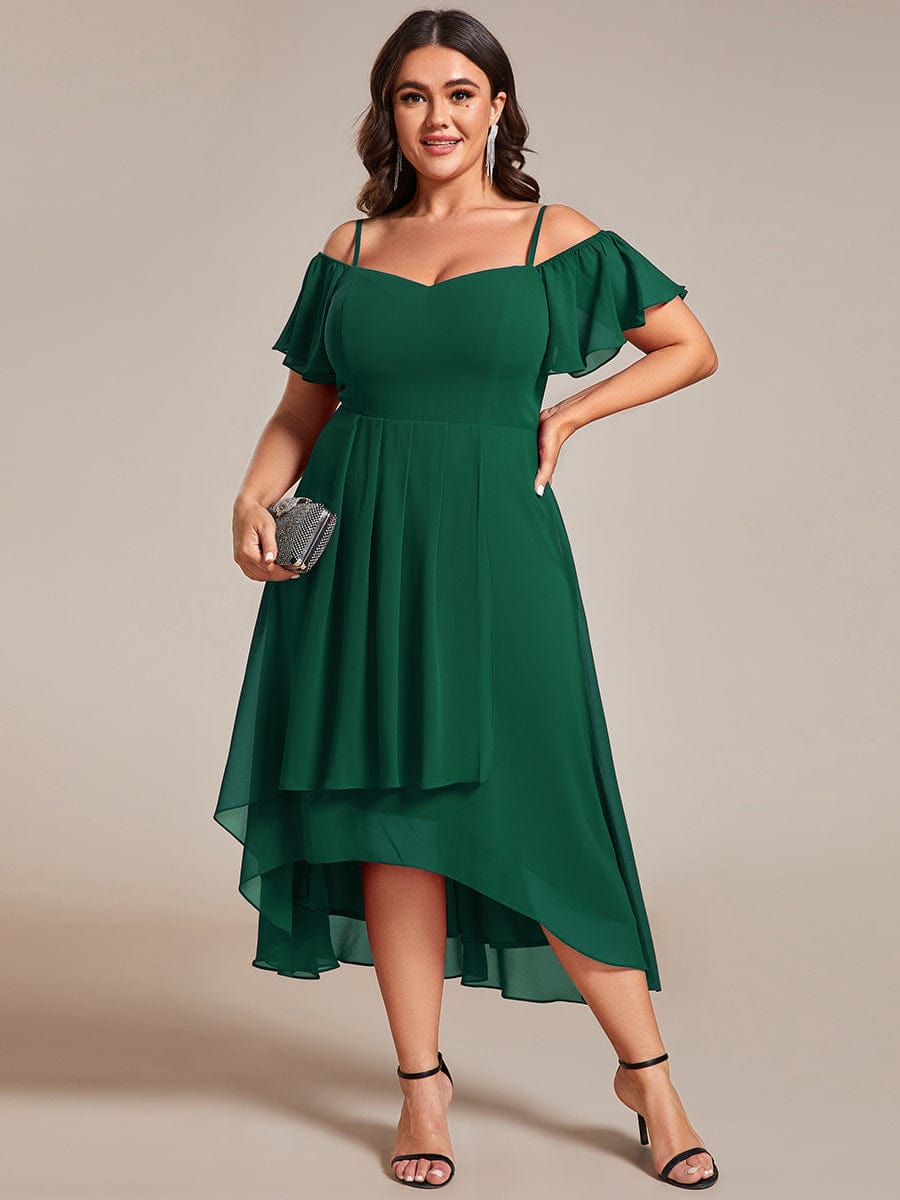 Plus Size One-Shoulder High-Low Chiffon Wedding Guest Dresses with Short Sleeves #color_Dark Green