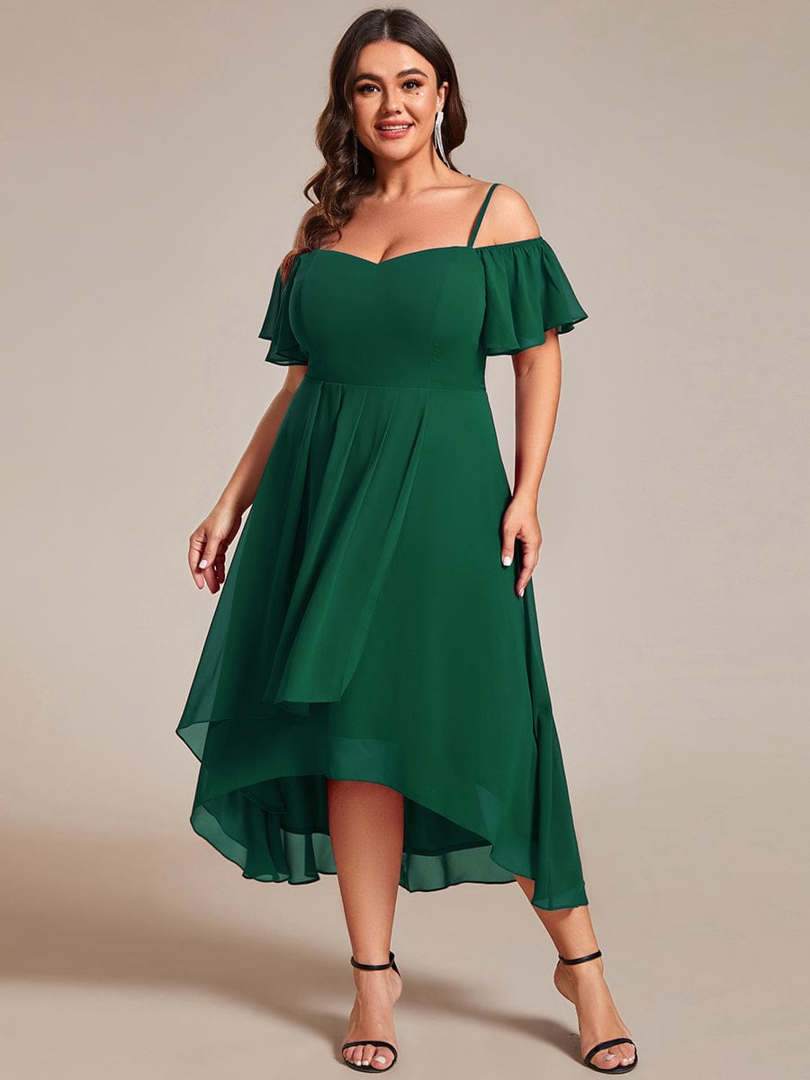 Plus Size One-Shoulder High-Low Chiffon Wedding Guest Dresses with Short Sleeves #color_Dark Green