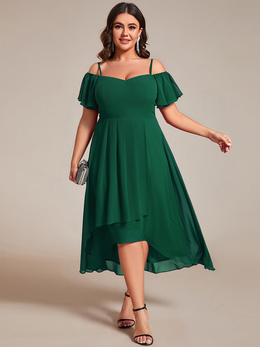 One-Shoulder High-Low Chiffon Wedding Guest Dresses with Short Sleeves #color_Dark Green