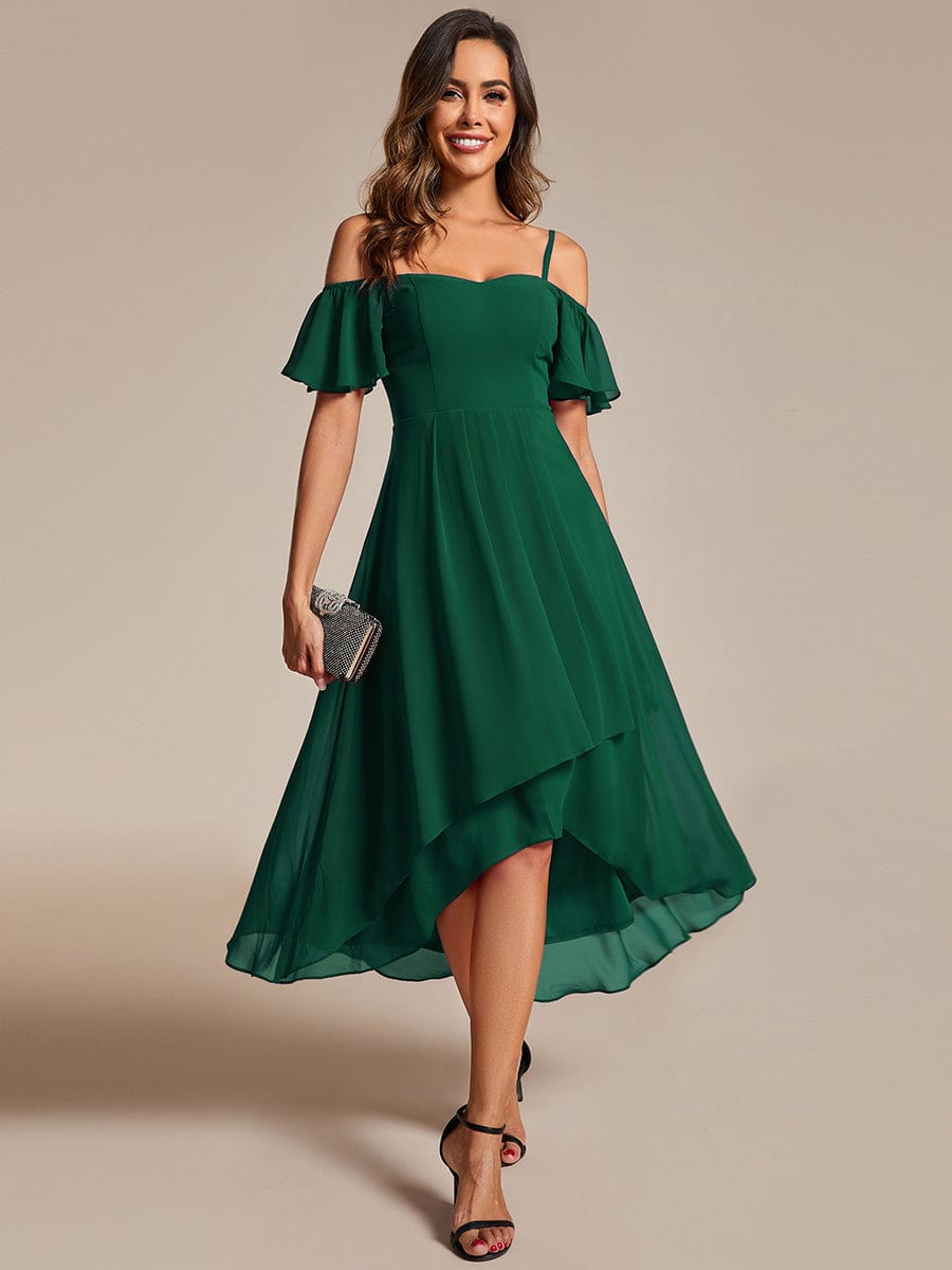 One-Shoulder High-Low Chiffon Wedding Guest Dresses with Short Sleeves #color_Dark Green