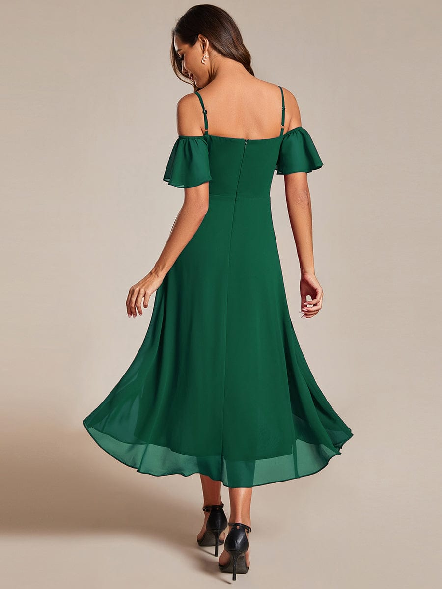 One-Shoulder High-Low Chiffon Wedding Guest Dresses with Short Sleeves #color_Dark Green