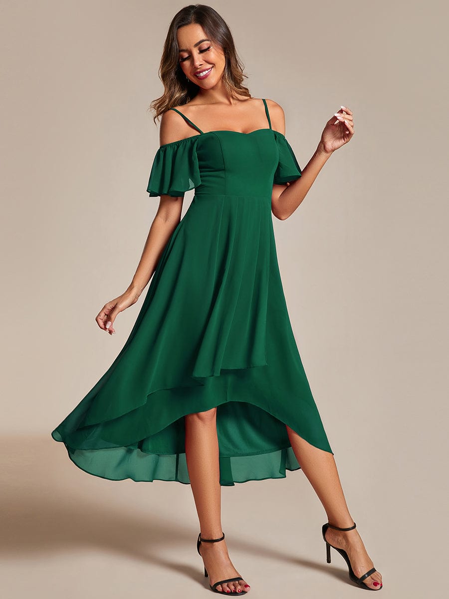 One-Shoulder High-Low Chiffon Wedding Guest Dresses with Short Sleeves #color_Dark Green