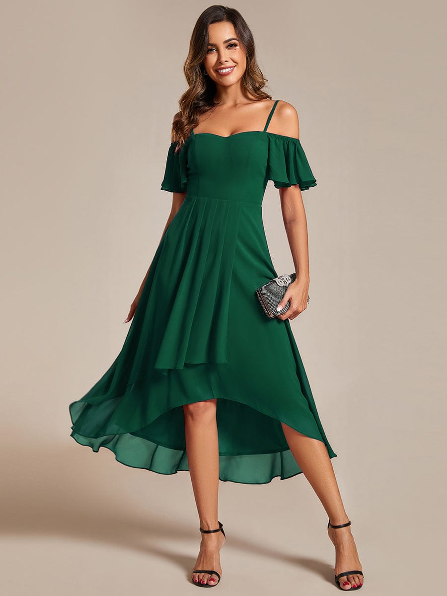 One-Shoulder High-Low Chiffon Wedding Guest Dresses with Short Sleeves #color_Dark Green