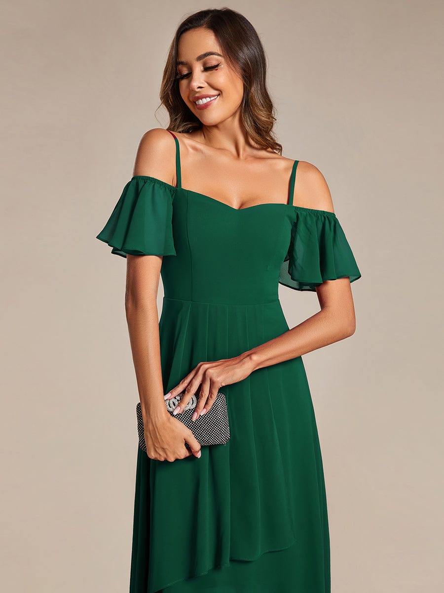 One-Shoulder High-Low Chiffon Wedding Guest Dresses with Short Sleeves #color_Dark Green