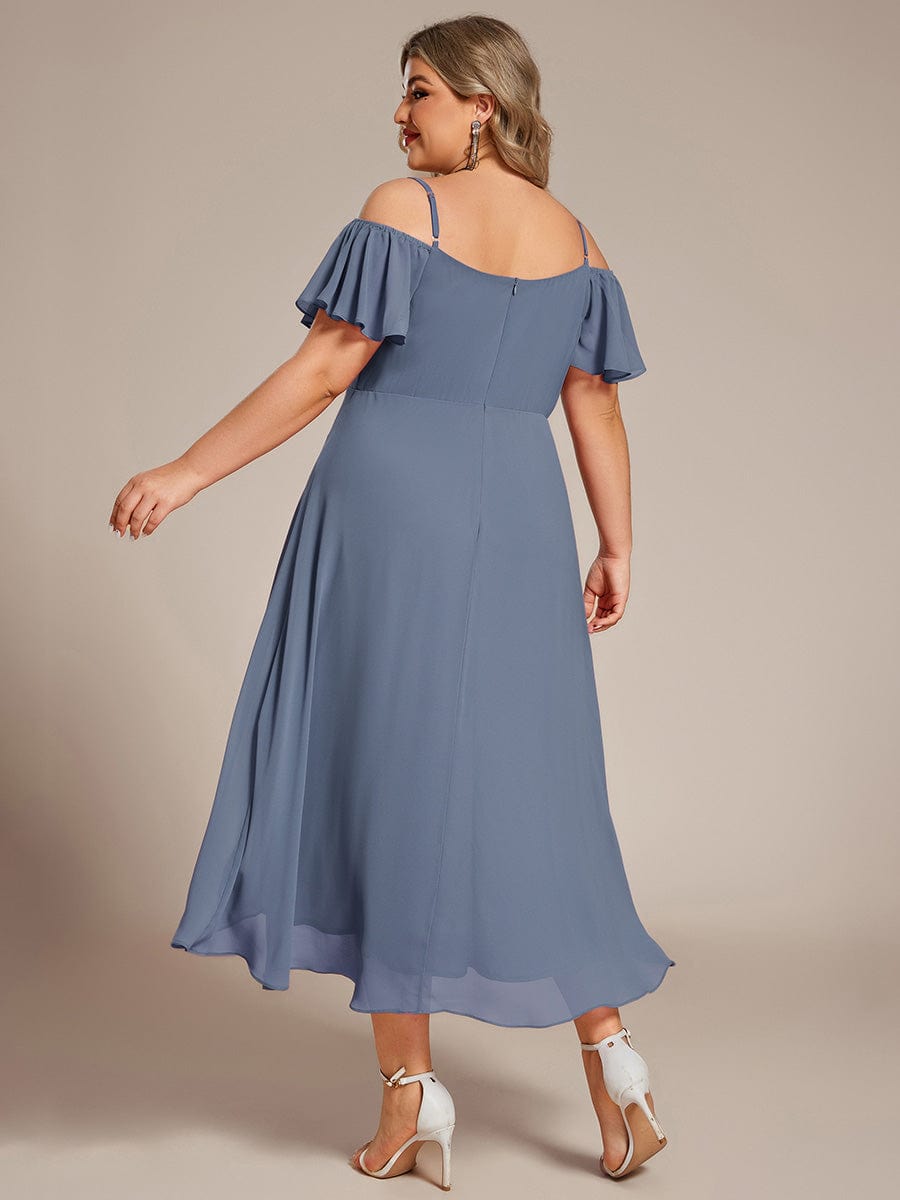 Plus Size One-Shoulder High-Low Chiffon Wedding Guest Dresses with Short Sleeves #color_Dusty Navy