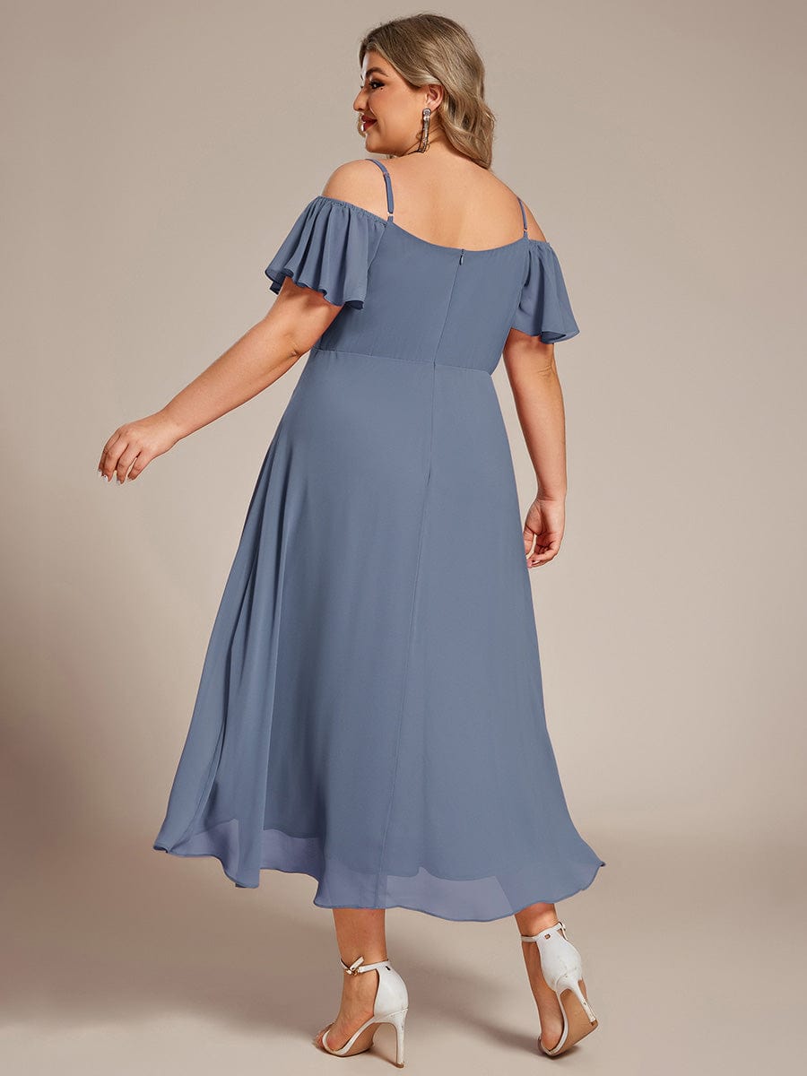 Plus Size Off-Shoulder High-Low Chiffon Wedding Guest Dresses with Short Sleeves