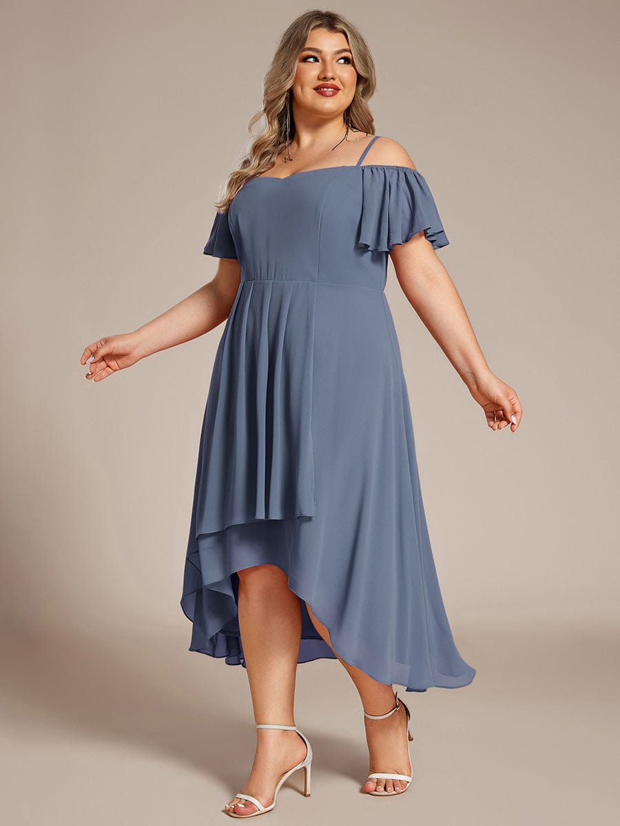 Plus Size One-Shoulder High-Low Chiffon Wedding Guest Dresses with Short Sleeves #color_Dusty Navy