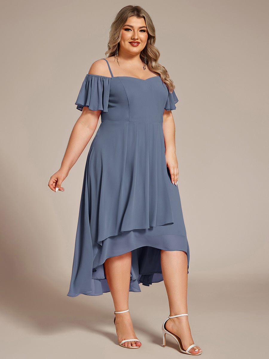 One-Shoulder High-Low Chiffon Wedding Guest Dresses with Short Sleeves #color_Dusty Navy