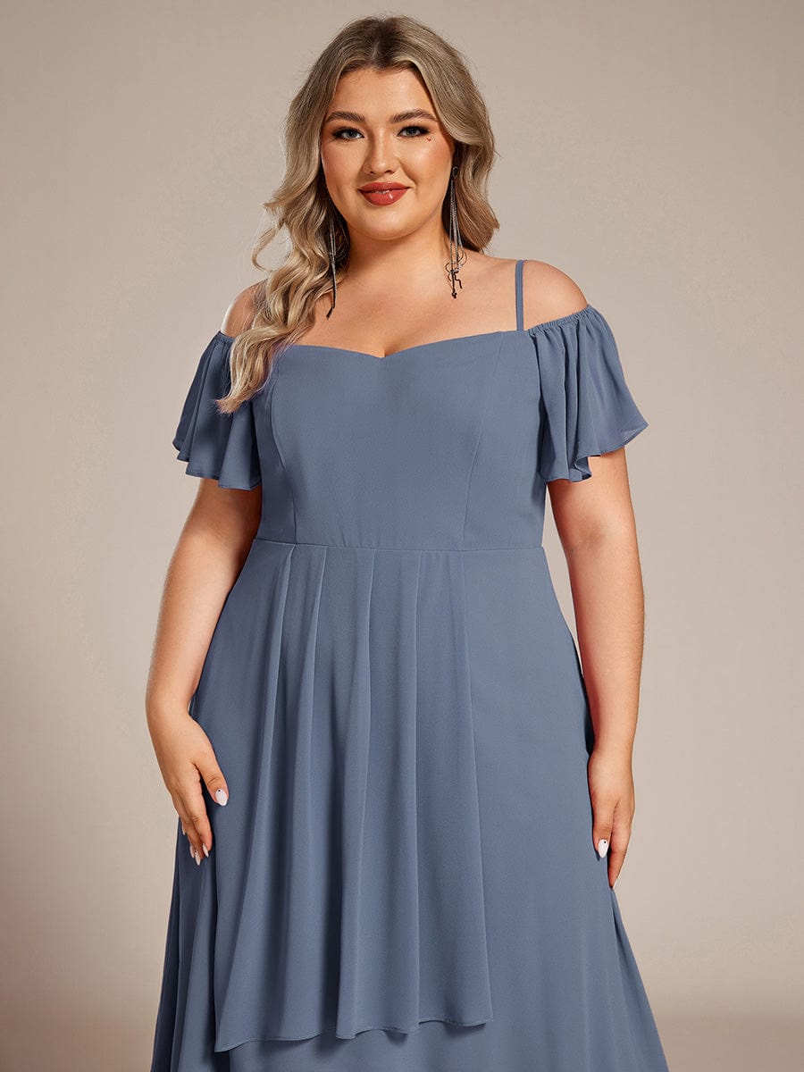 One-Shoulder High-Low Chiffon Wedding Guest Dresses with Short Sleeves #color_Dusty Navy