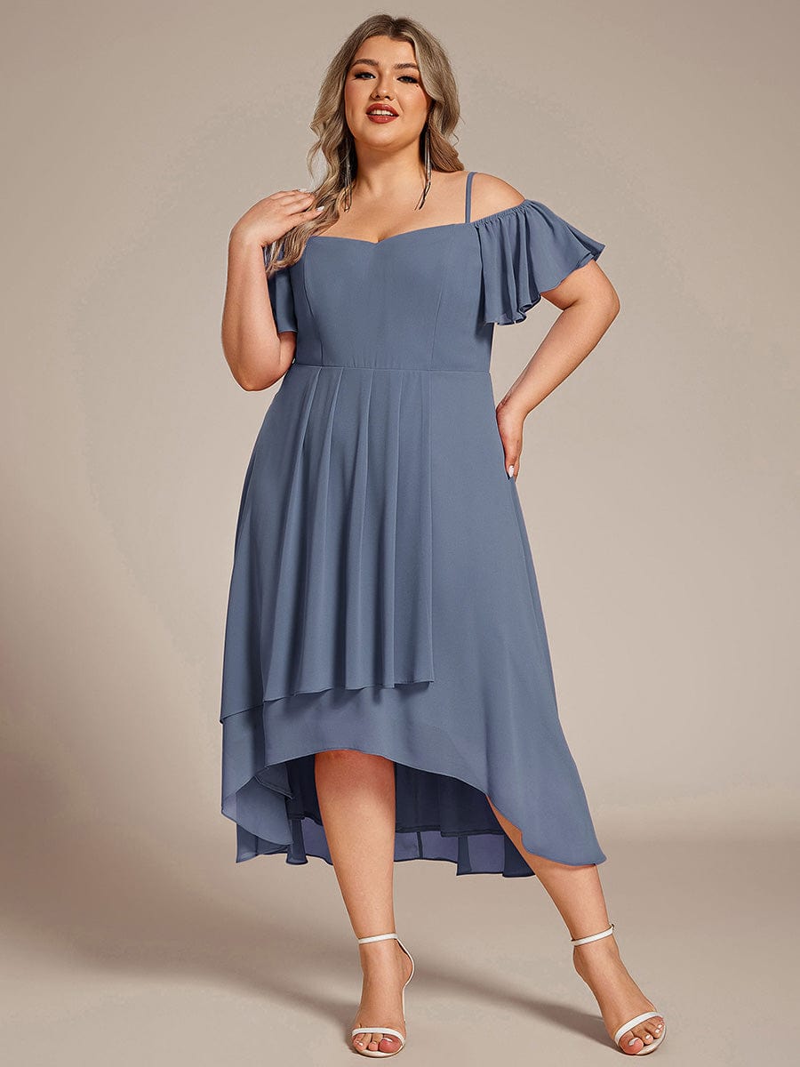 Plus Size One-Shoulder High-Low Chiffon Wedding Guest Dresses with Short Sleeves #color_Dusty Navy