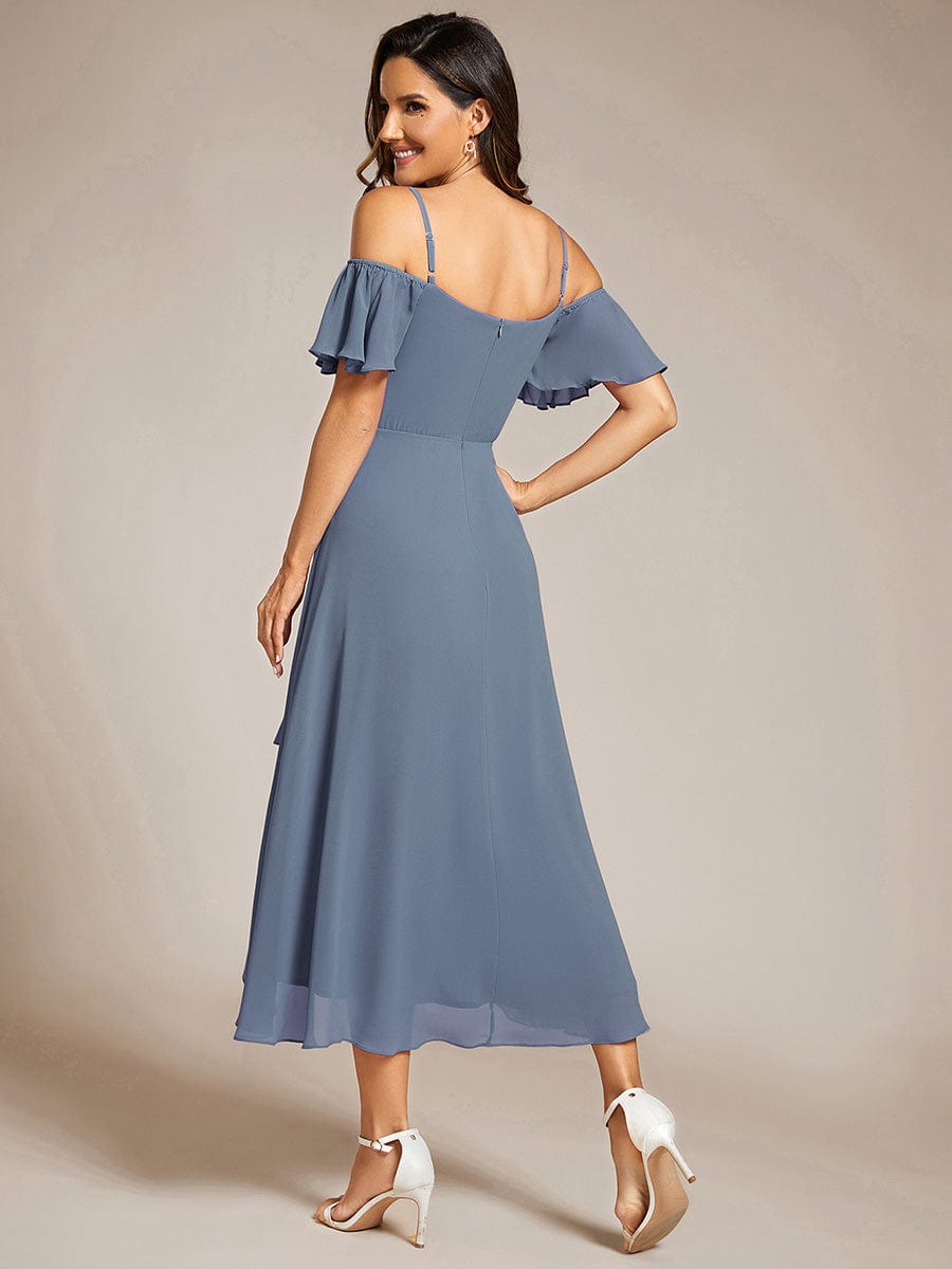 One-Shoulder High-Low Chiffon Wedding Guest Dresses with Short Sleeves #color_Dusty Navy