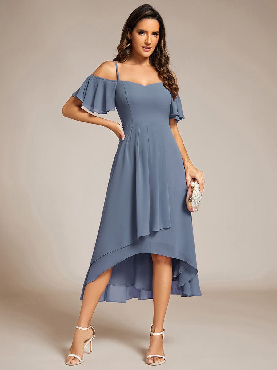 One-Shoulder High-Low Chiffon Wedding Guest Dresses with Short Sleeves #color_Dusty Navy