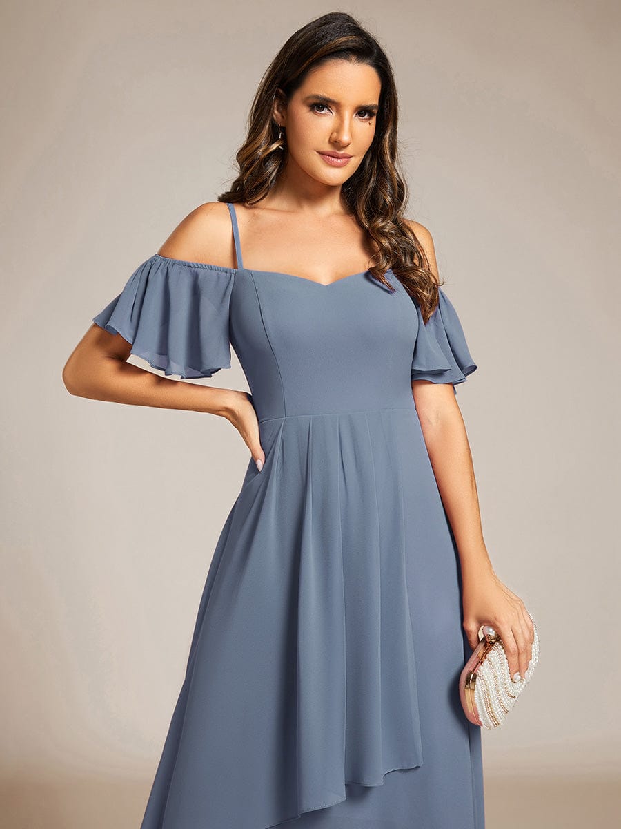 One-Shoulder High-Low Chiffon Wedding Guest Dresses with Short Sleeves #color_Dusty Navy