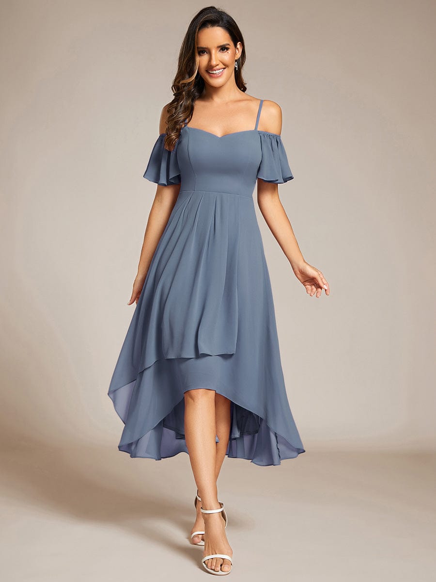 One-Shoulder High-Low Chiffon Wedding Guest Dresses with Short Sleeves #color_Dusty Navy