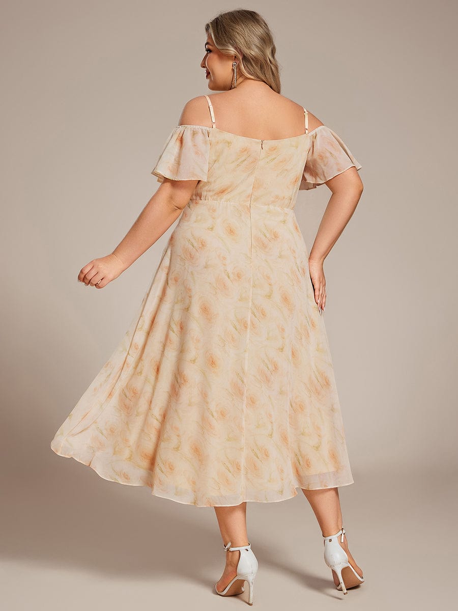 Plus Size One-Shoulder High-Low Chiffon Wedding Guest Dresses with Short Sleeves #color_Golden Roses