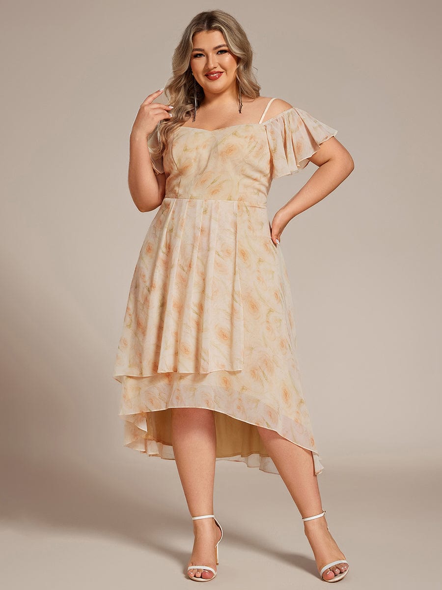 Plus Size One-Shoulder High-Low Chiffon Wedding Guest Dresses with Short Sleeves #color_Golden Roses