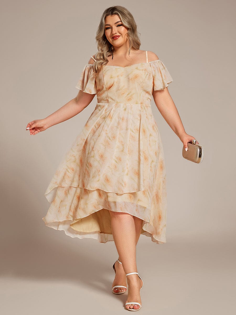 Plus Size One-Shoulder High-Low Chiffon Wedding Guest Dresses with Short Sleeves #color_Golden Roses