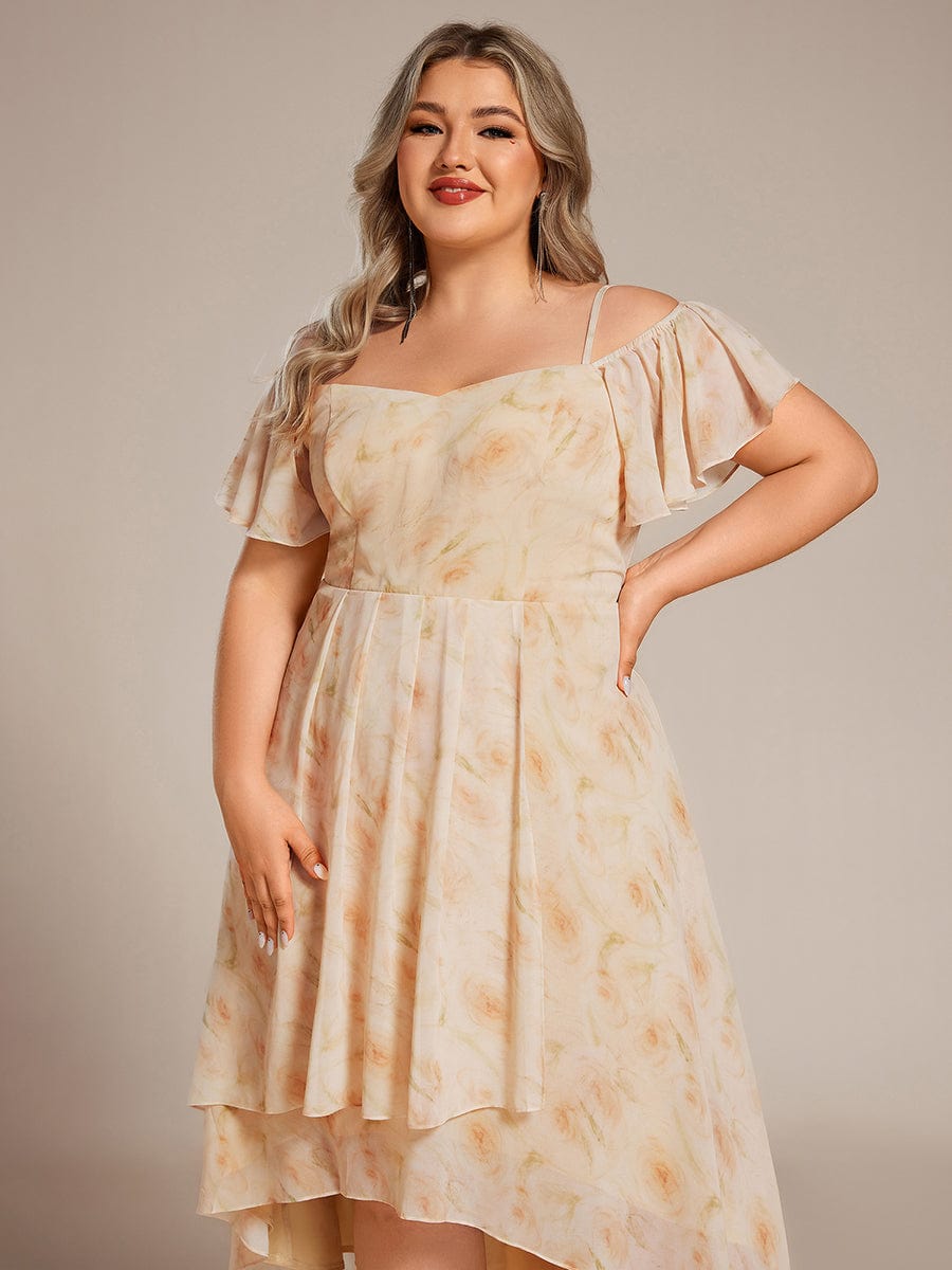 Plus Size One-Shoulder High-Low Chiffon Wedding Guest Dresses with Short Sleeves #color_Golden Roses