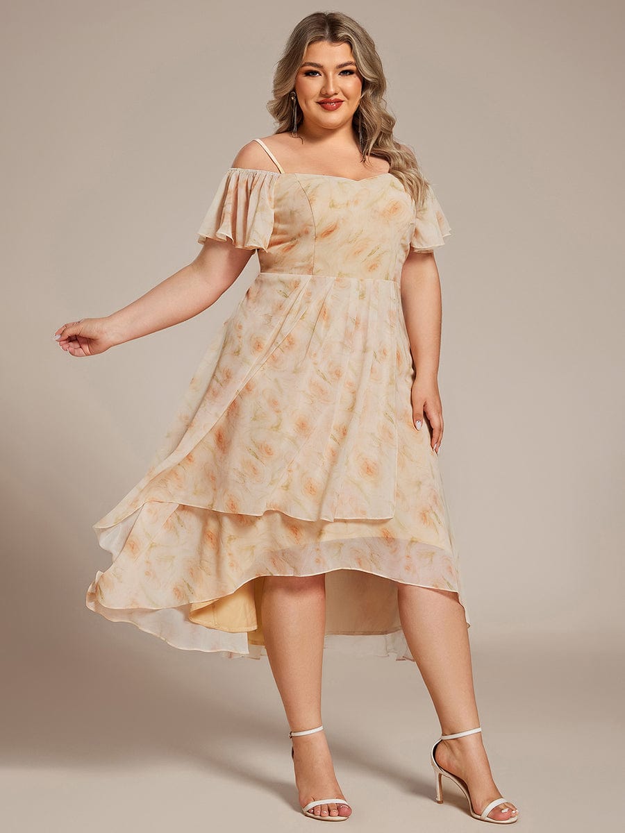 Plus Size One-Shoulder High-Low Chiffon Wedding Guest Dresses with Short Sleeves #color_Golden Roses