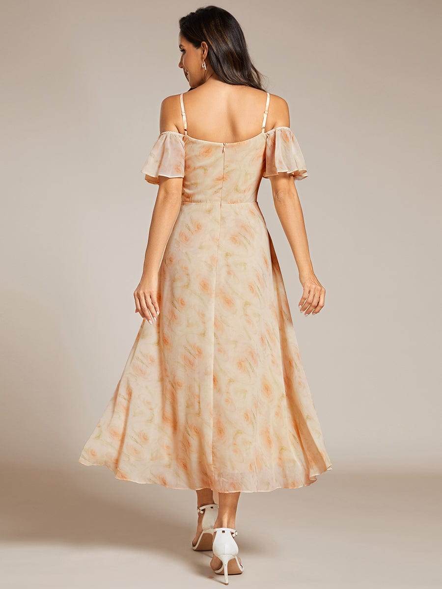 One-Shoulder High-Low Chiffon Wedding Guest Dresses with Short Sleeves #color_Golden Roses