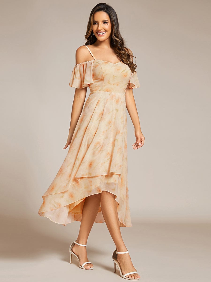 One-Shoulder High-Low Chiffon Wedding Guest Dresses with Short Sleeves #color_Golden Roses