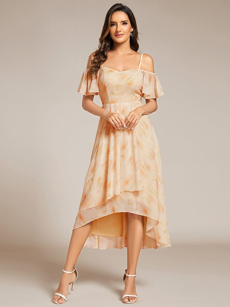 One-Shoulder High-Low Chiffon Wedding Guest Dresses with Short Sleeves #color_Golden Roses