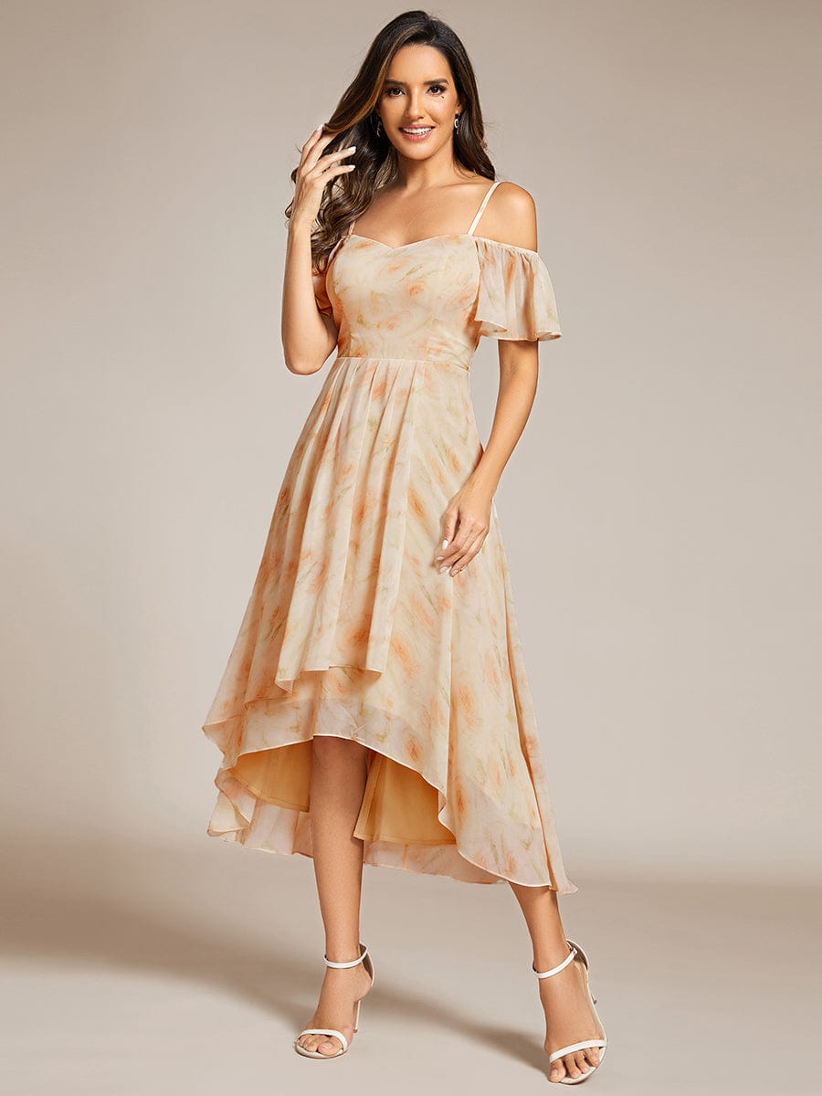 One-Shoulder High-Low Chiffon Wedding Guest Dresses with Short Sleeves #color_Golden Roses