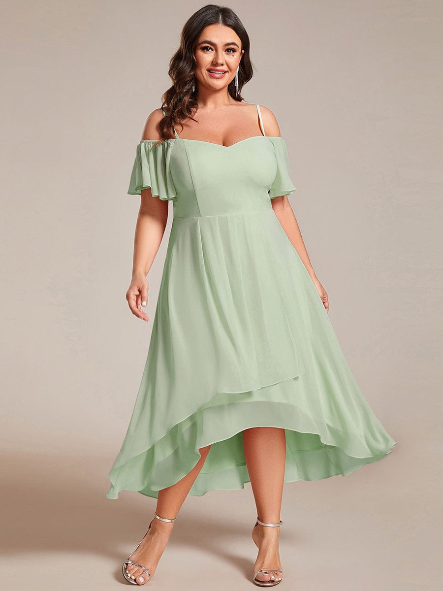 Plus Size One-Shoulder High-Low Chiffon Wedding Guest Dresses with Short Sleeves #color_Mint Green