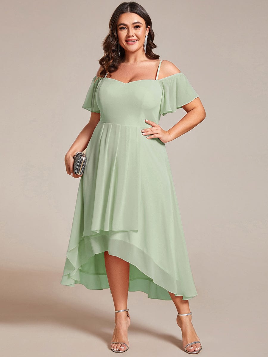 One-Shoulder High-Low Chiffon Wedding Guest Dresses with Short Sleeves #color_Mint Green