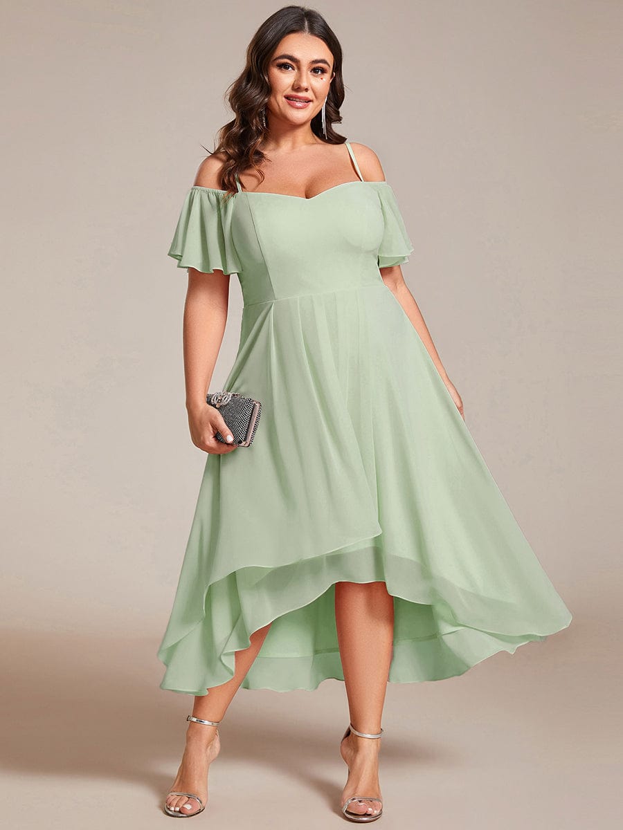 Plus Size One-Shoulder High-Low Chiffon Wedding Guest Dresses with Short Sleeves #color_Mint Green