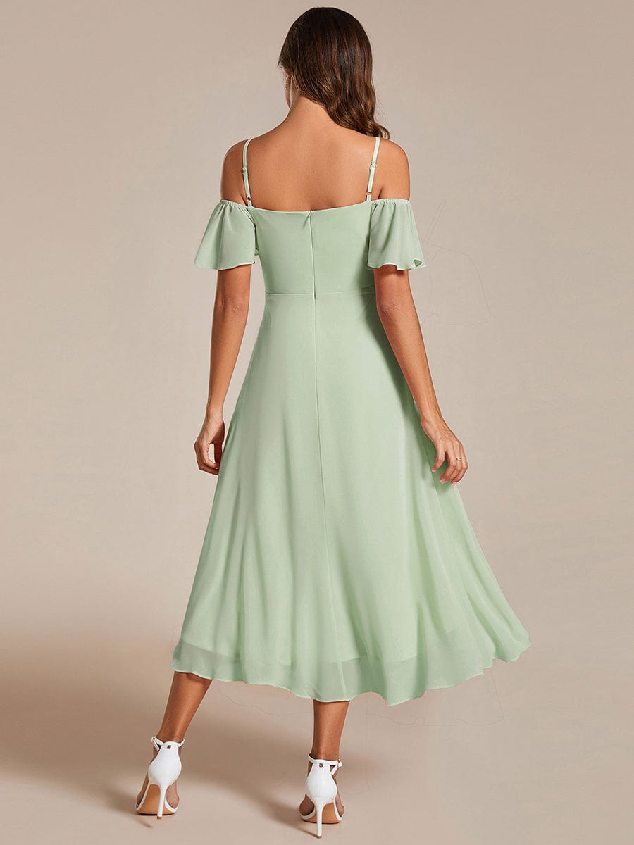 One-Shoulder High-Low Chiffon Wedding Guest Dresses with Short Sleeves #color_Mint Green