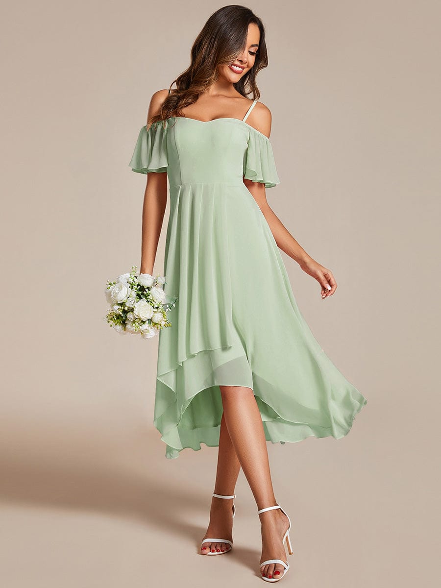 One-Shoulder High-Low Chiffon Wedding Guest Dresses with Short Sleeves #color_Mint Green