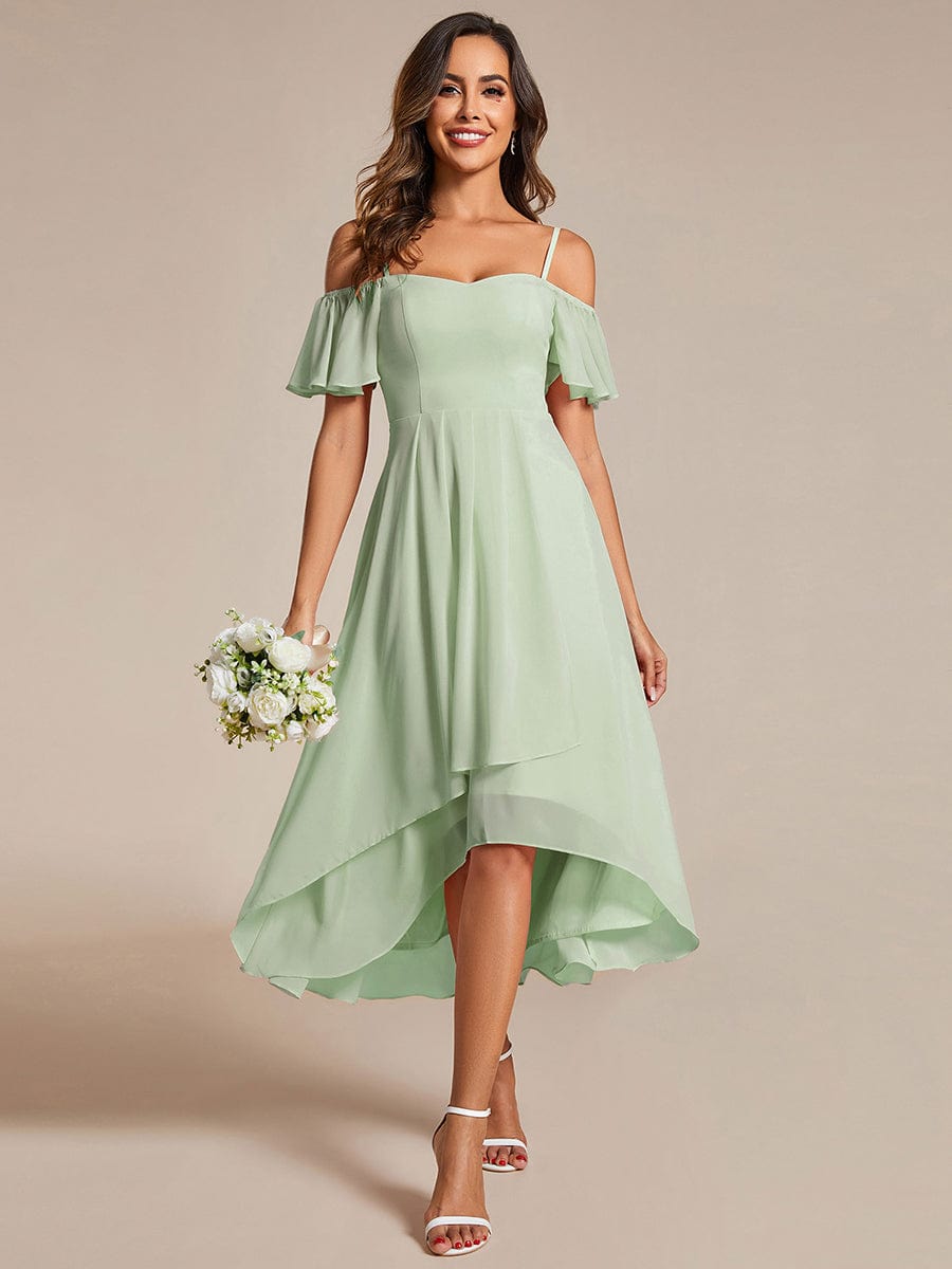 One-Shoulder High-Low Chiffon Wedding Guest Dresses with Short Sleeves #color_Mint Green