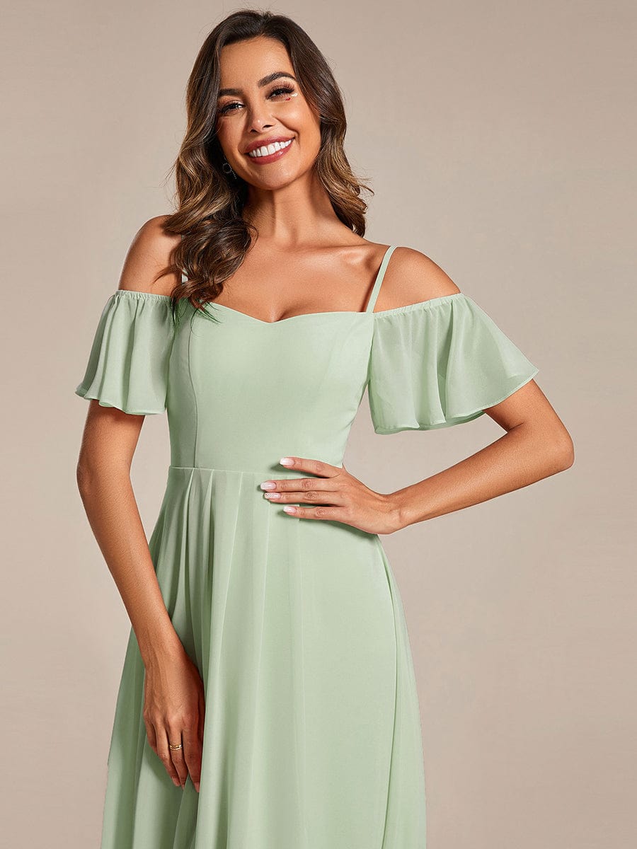 One-Shoulder High-Low Chiffon Wedding Guest Dresses with Short Sleeves #color_Mint Green