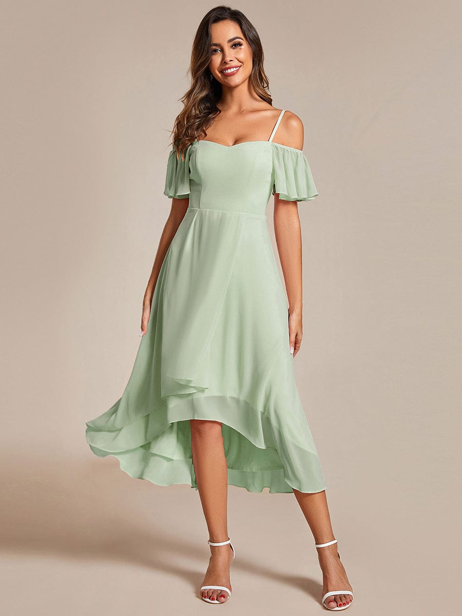 One-Shoulder High-Low Chiffon Wedding Guest Dresses with Short Sleeves #color_Mint Green