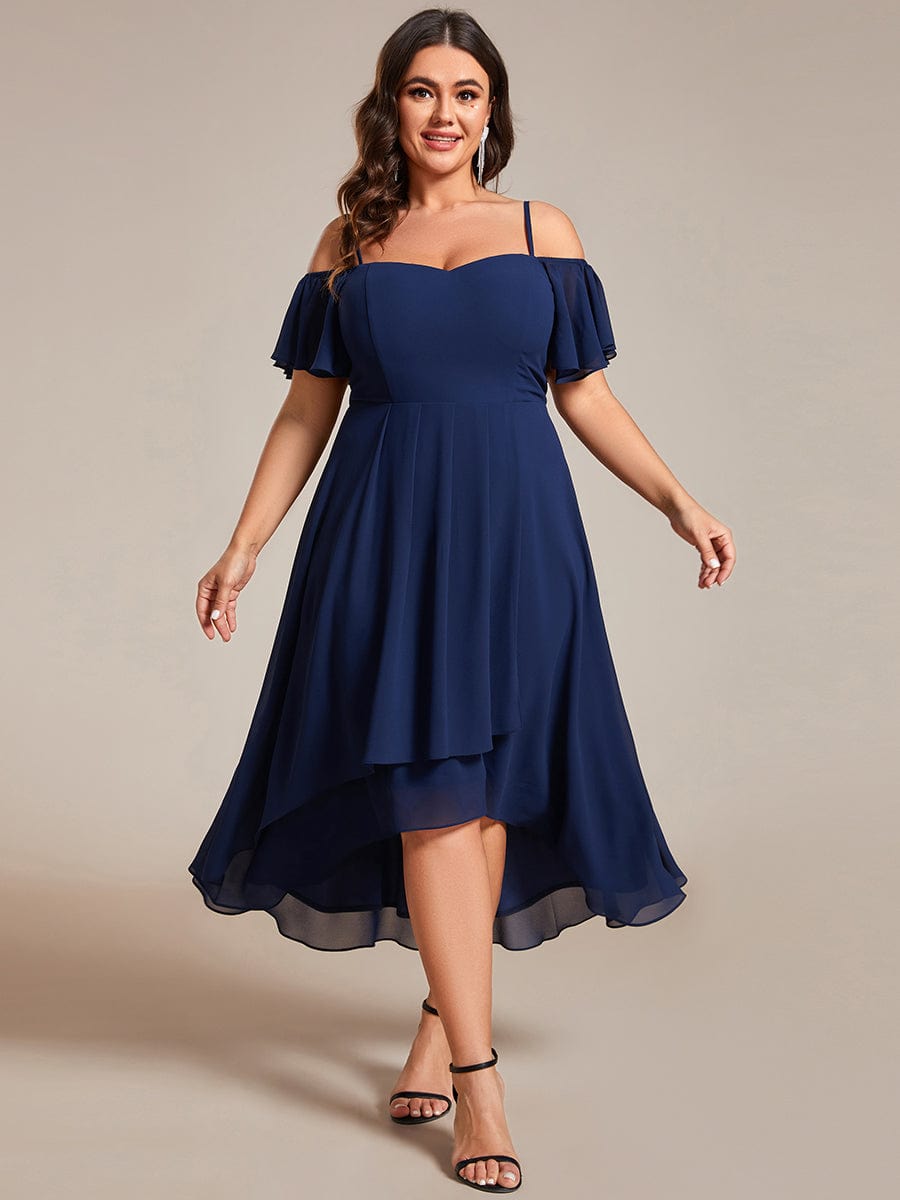 Plus Size One-Shoulder High-Low Chiffon Wedding Guest Dresses with Short Sleeves #color_Navy Blue